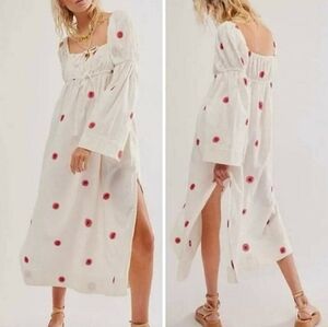FREE PEOPLE Boho Flowy Embroidered Cotton-Linen Blend Midi Dress SZ L